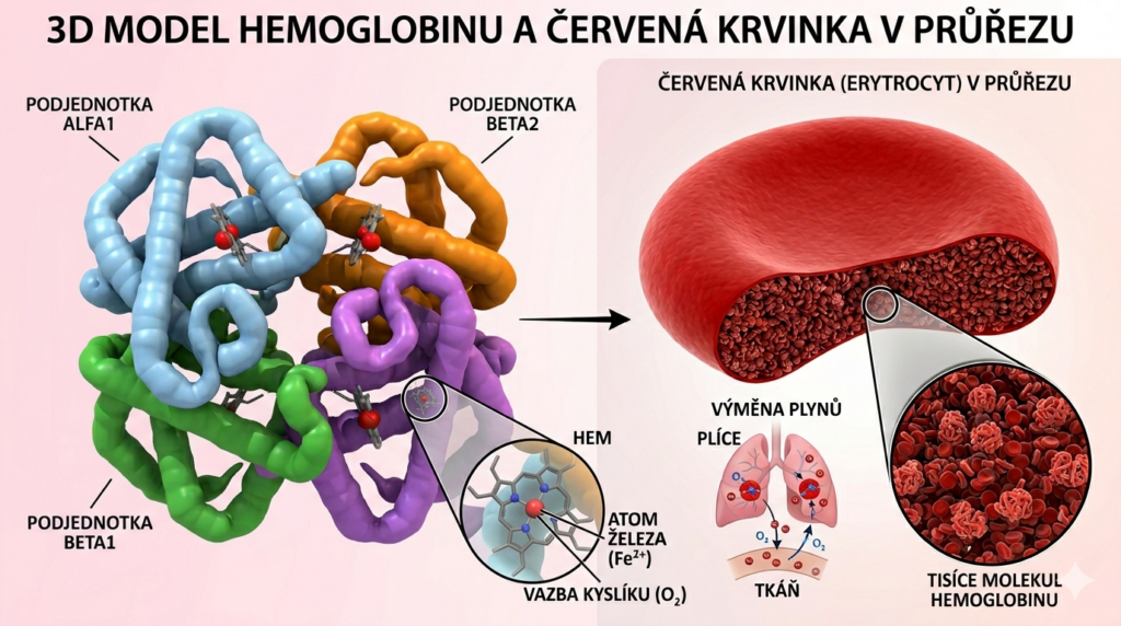 3D model hemoglobinu a červené krvinky, které měří chytré hodinky pomocí svých senzorů