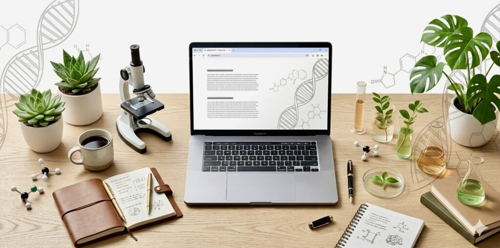 Notebook a mikroskop na stole – jako symbol propojení - věda, která prodává a copywriting