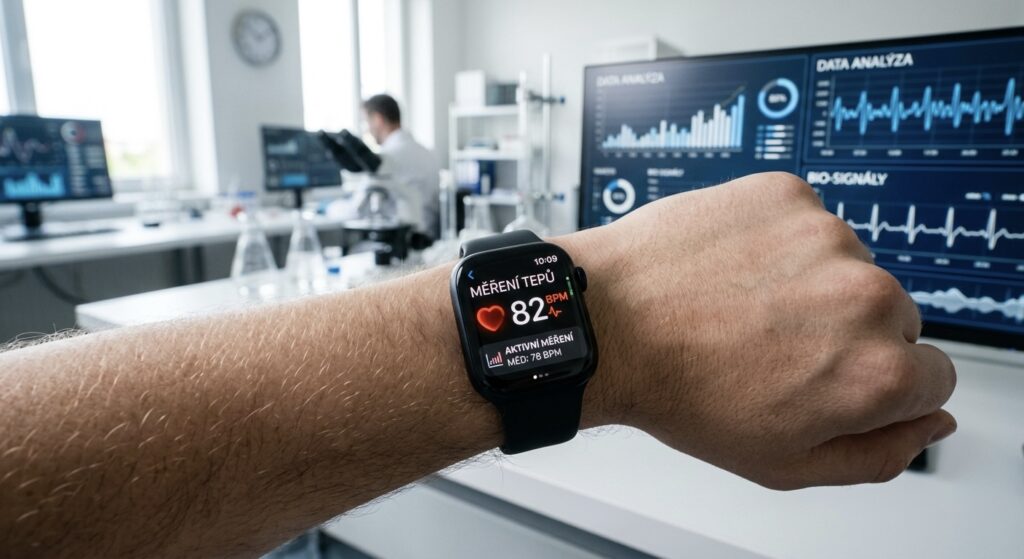 Chytré hodinky měřící tepovou frekvenci 82 BPM v laboratoři - fotoplethysmografie v praxi