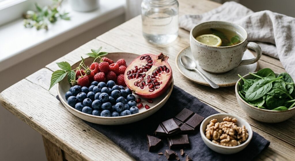 Antioxidanty v přírodních zdrojích - borůvky, maliny, granátové jablko, tmavá čokoláda a zelený čaj