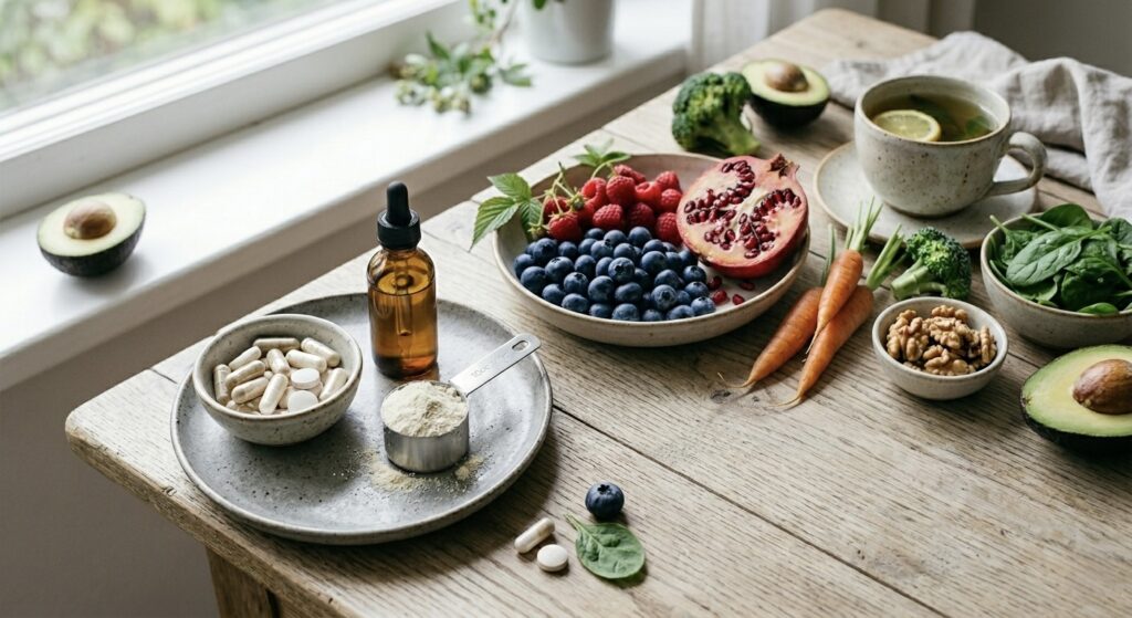 Kvalitní doplněk stravy - různé formy: kapsle, tablety a prášek vedle čerstvého ovoce jako zdroje vitamínů a minerálů