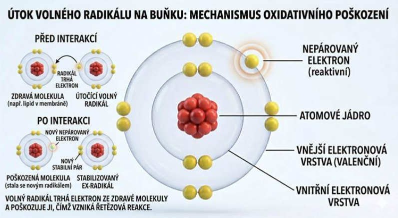 Obr. 1 – Útok volného radikálu na buňku: volný radikál s nepárovým elektronem trhá jeden z elektronů ze zdravé molekuly a spouští řetězovou reakci oxidativního poškození.